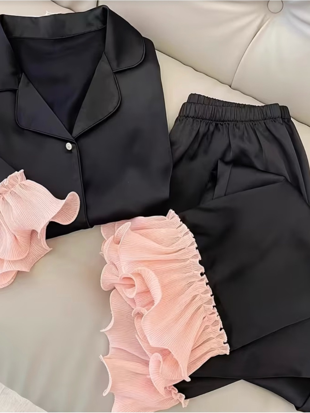 Icy Silky Satin Pajamas with Ruffled Wrists and Hems M  NWOT